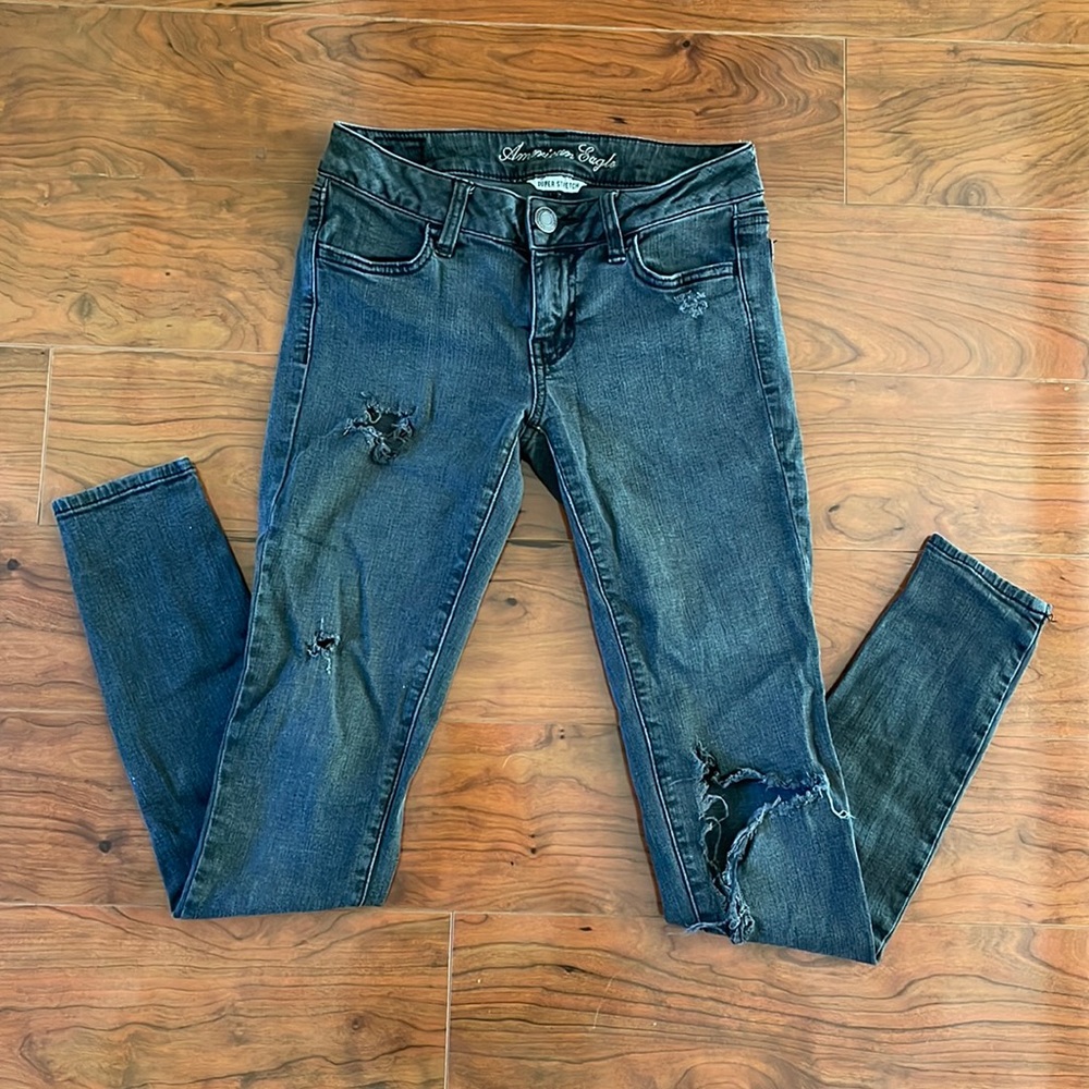 American Eagle Black Super Stretch Mid Rise Distressed Jeggings Jeans
